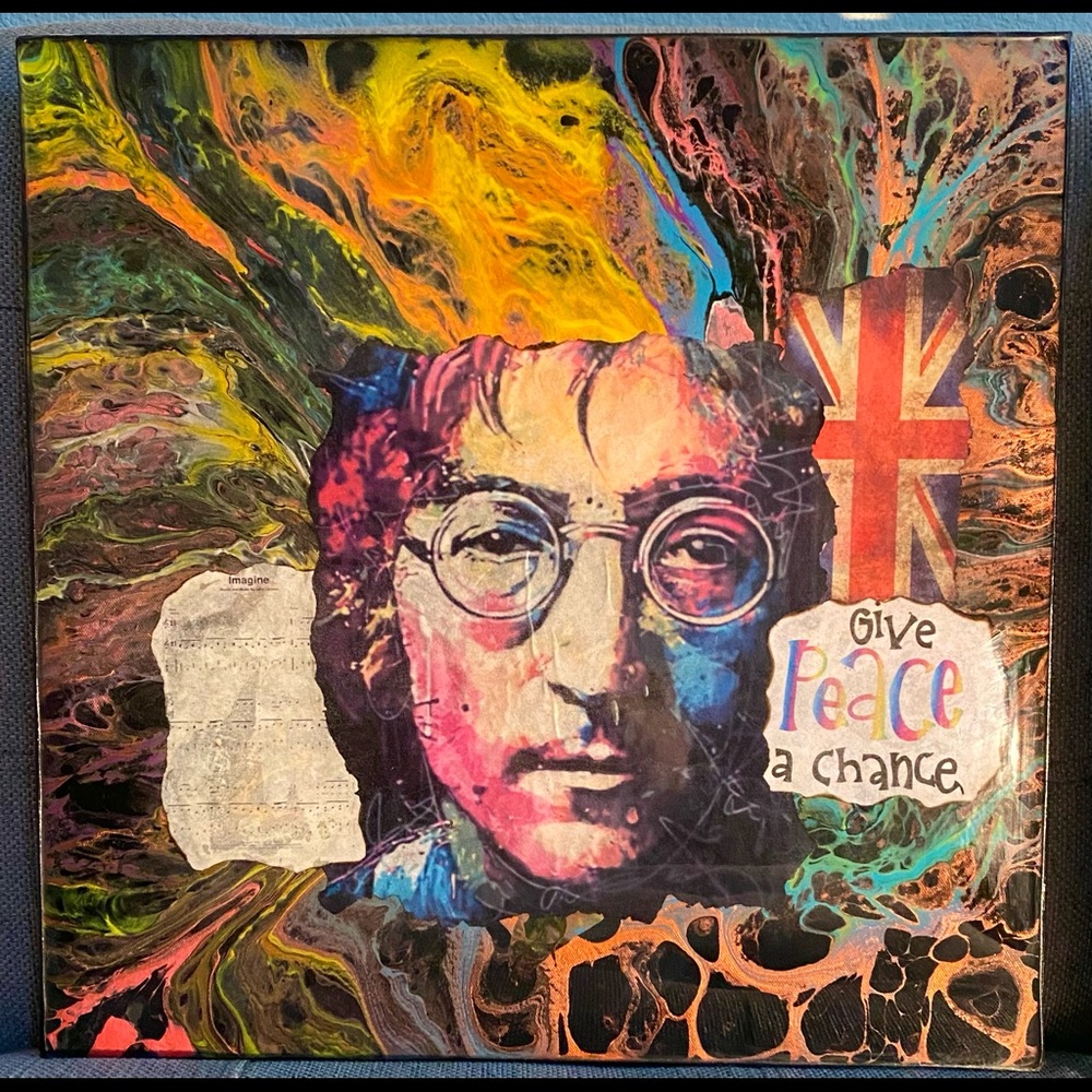 16”x16”x2” Hand painted mixed media John Lennon wall art with epoxy resin